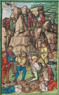 Hinrichtung von neun Bergknappen, die sich für 10.000 Gulden dem Teufel verschrieben hatten (um 1500)